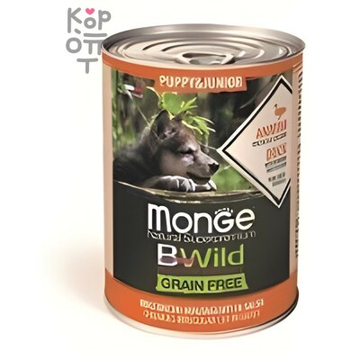 Monge Dog BWild GRAIN FREE Puppy&Junior беззерновые консервы из утки с тыквой и кабачками для щенков всех пород 400г
