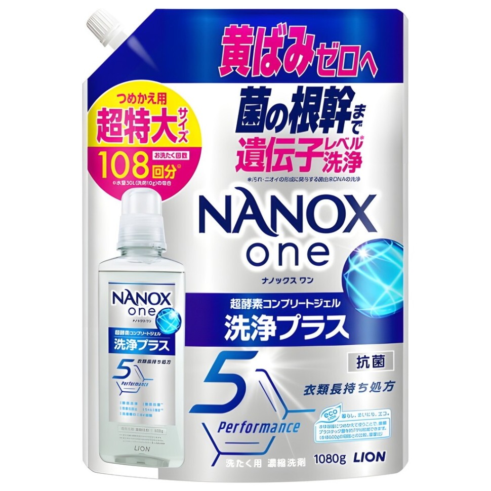 LION Жидкое средство "Top Nanox One Cleaning Power Plus" для стирки (усиленное отстирывающее действие + сохранение цвета / суперконцентрат) 1080 г, сменная упаковка с крышкой