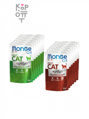 Monge Cat Grill Влажный корм для взрослых кошек с кроликом, с ягненком, 85 г × 12 паучей