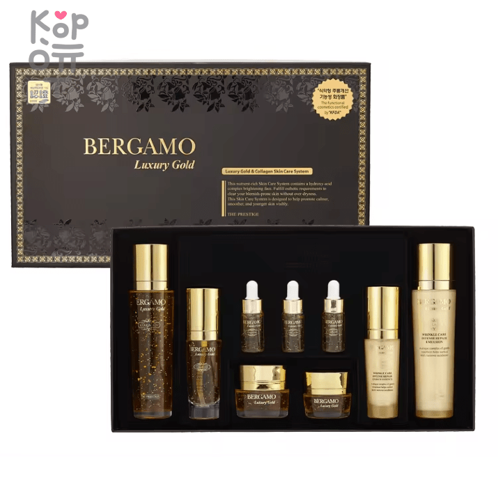 Bergamo Gold Skin Care Set 9pcs - Набор антивозрастной с Коллагеном и Золотом. Подарочные наборы Bergamo Gold Skin Care Set pcs — уходовое средство для регулярного использования; в товаре выделяется: женьшень. В КорОпт можно подобрать свежие приходы азиатской косметики с хорошим остаточным сроком годности и собрать заявку по средствам регулярного ухода.