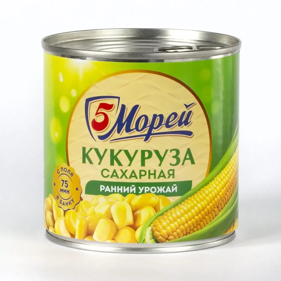 5 Морей — Кукуруза сахарная высшего сорта, 400 г, жестяная банка, коробка 12 шт
