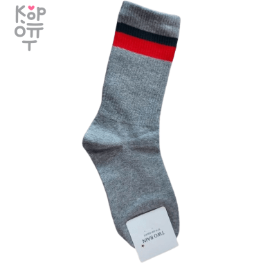 Two Rain - Носки высокие серые широкая резинка с красно-зелёной полосками (Free size), 1 пара. — Корейские товары для всей семьи(КорОпт)