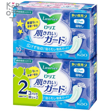 Kao Laurier Hada Kirei Guard Sanitary Pads - Ночные гигиенические прокладки, без крылышек, 10шт.* 27см. — Корейские товары для всей семьи(КорОпт)