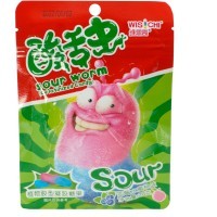 Кислая жевательная конфета Wisichi Sour Worms Gelatinized Candy - Кислые черви со вкусом черники и персика