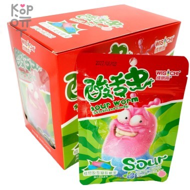 Кислая жевательная конфета Wisichi Sour Worms Gelatinized Candy - Кислые черви со вкусом черники и персика — Корейские товары для всей семьи(КорОпт)