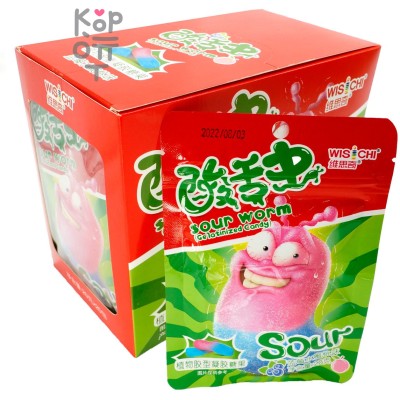 Кислая жевательная конфета Wisichi Sour Worms Gelatinized Candy - Кислые черви со вкусом черники и персика