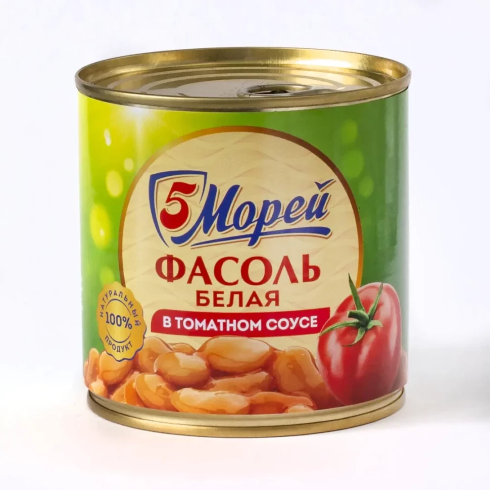 5 Морей — Фасоль белая в томатном соусе, 400 г, по государственному стандарту, жестяная банка, коробка 12 шт