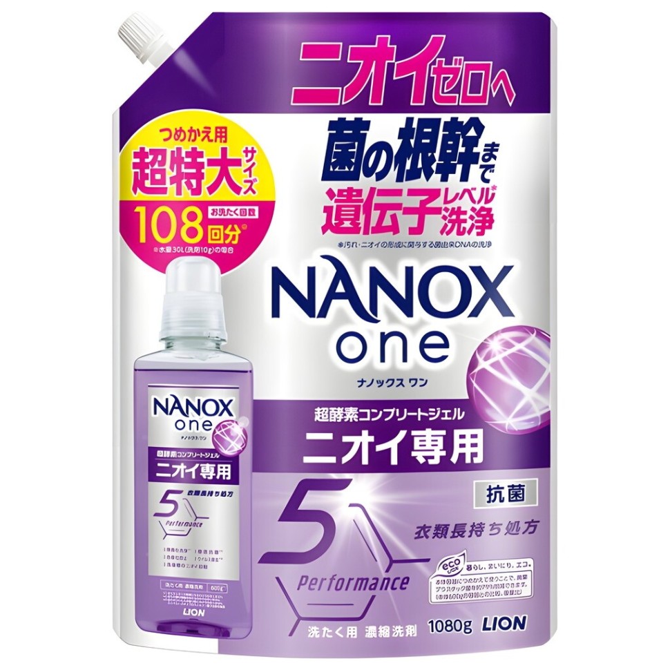 LION Жидкое средство "Top Nanox One Odor" для стирки (дезодорирующее действие + сохранение цвета / суперконцентрат) 1080 г, сменная упаковка с крышкой