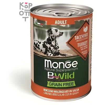 Monge Dog BWild GRAIN FREE беззерновые консервы из индейки с тыквой и кабачками для взрослых собак всех пород 400г