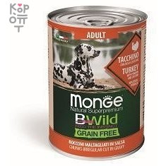 Monge Dog BWild GRAIN FREE беззерновые консервы из индейки с тыквой и кабачками для взрослых собак всех пород 400г, купить с доставкой на дом фото 1 &mdash; Корейские товары для всей семьи(КорОпт)