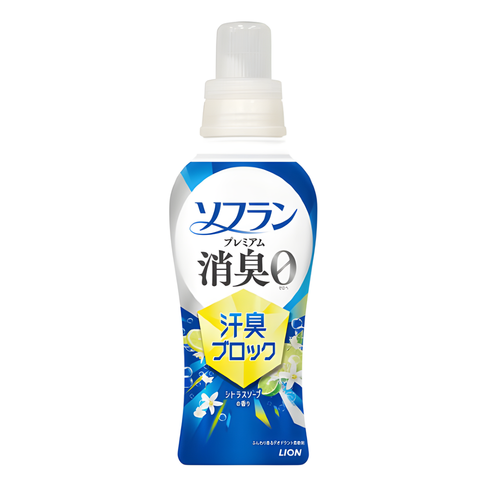 LION Кондиционер для белья "SOFLAN – Premium Deodorizer" (мощный антибактериальный эффект для защиты от неприятного запаха – натуральный аромат цитрусового мыла) 480 мл