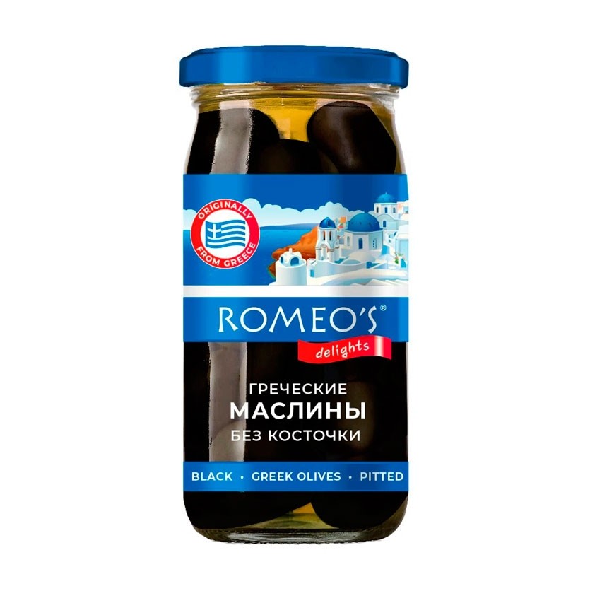 ROMEOS — Маслины греческие без косточки, гигантские, 340 г, стеклянная банка, коробка 12 шт