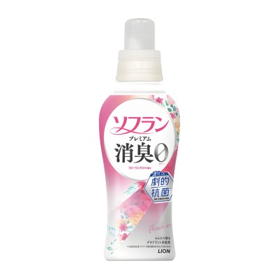 LION Кондиционер для белья "SOFLAN – Premium Deodorizer" (мощный антибактериальный эффект для защиты от неприятного запаха – натуральный аромат цветов) 480 мл