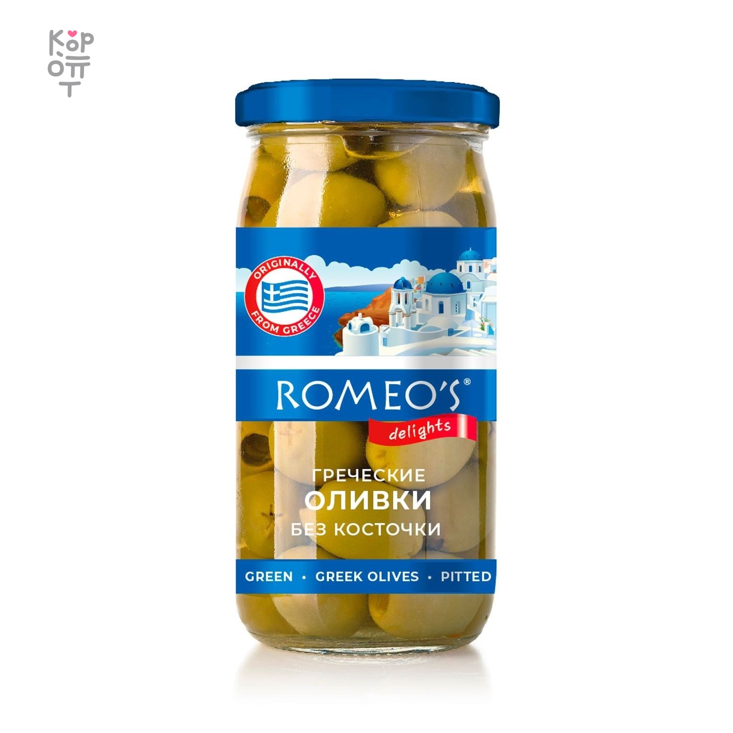 ROMEOS — Оливки греческие зелёные без косточки, гигантские, 340 г, стеклянная банка, коробка 12 шт