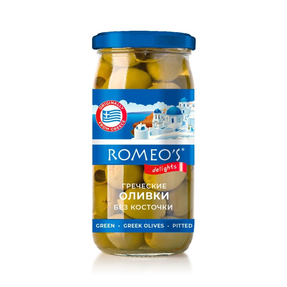 ROMEOS — Оливки греческие зелёные без косточки, гигантские, 340 г, стеклянная банка, коробка 12 шт