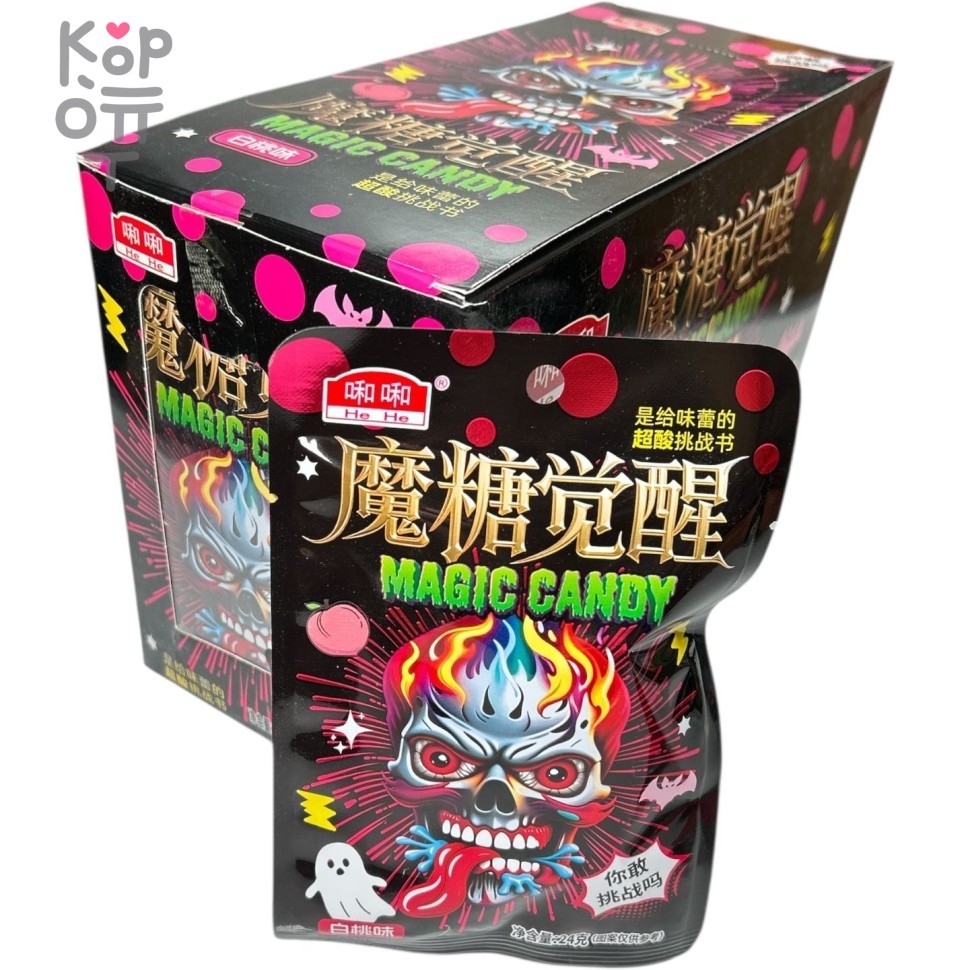 Кислая леденцовая карамель He He Magic Candy - Жутко кислые конфеты Огненный череп, со вкусом Персика, купить с доставкой на дом фото 1 — Корейские товары для всей семьи(КорОпт)