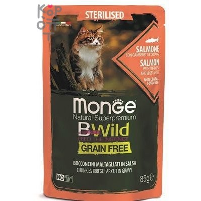 Monge Cat BWild GRAIN FREE паучи из лосося с креветками и овощами для стерилизованных кошек 85г