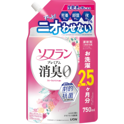 LION Кондиционер для белья "SOFLAN – Premium Deodorizer" (мощный антибактериальный эффект для защиты от неприятного запаха – натуральный аромат цветов), мягкая упаковка с крышкой