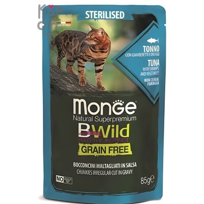 Monge Cat BWild GRAIN FREE паучи из тунца с креветками и овощами для стерилизованных кошек 85г