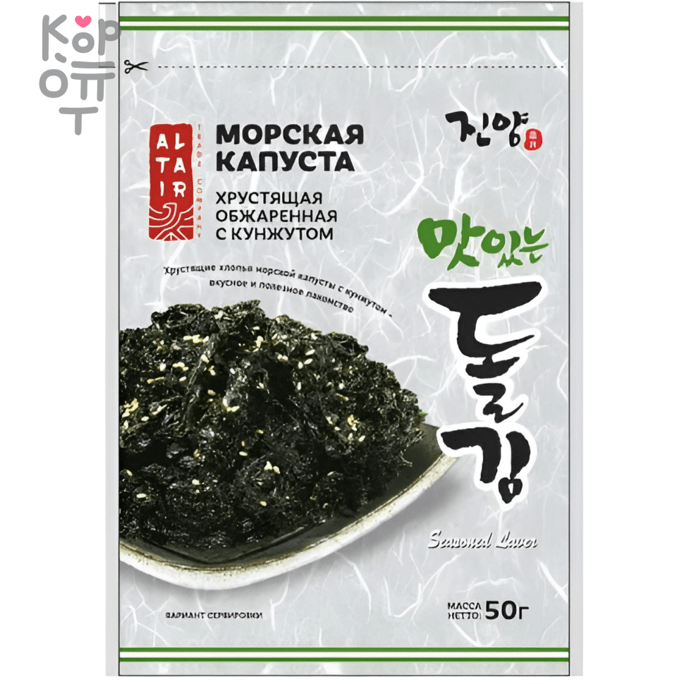 Морская капуста Jinyang хрустящая обжаренная, с кунжутом, хлопья, 50гр. по  цене 208 руб. в интернет магазине Корейские товары для всей семьи(КорОпт)