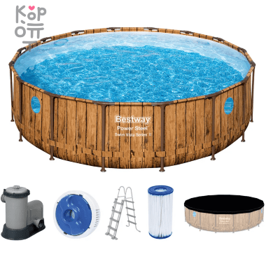 Каркасный бассейн Bestway Power Steel Swim Vista Series Frame Pool модель 56725, 488х122см(19480л.), имитация дерева (сосна), круглый — Корейские товары для всей семьи(КорОпт)