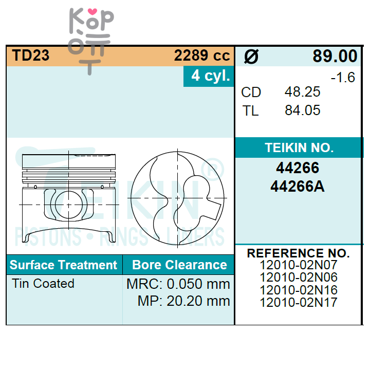 Поршни двигателя TD23 44266 12010-02N07 / 12010-02N17 STD (к-т 4шт) TEIKIN