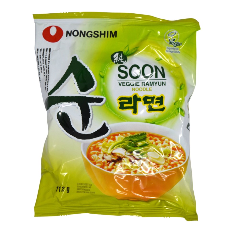 Nongshim — Soon Veggie Ramyun — Лапша быстрого приготовления Nongshim Soon Veggie Ramyun с овощами, 112 г — коробка 20 шт