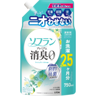 LION Кондиционер для белья "SOFLAN – Premium Deodorizer" (мощный антибактериальный эффект для защиты от неприятного запаха – натуральный фруктовый аромат), мягкая упаковка с крышкой