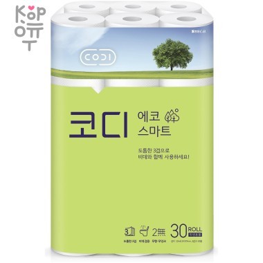 Мягкая туалетная бумага &quot;CODI - ECO Smart&quot; (трехслойная, с тиснёным рисунком)  22 м * 30 рулонов — Корейские товары для всей семьи(КорОпт)
