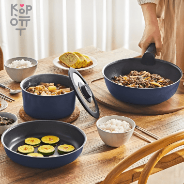 ​​​IH ​Набор HappyCall Freehands Spica IH 6P-A Set Midnight Blue 6 предметов - Кастрюля 16см, Сковорода 24см, ВОК 24см, стекляная крышка 16см, крышка 16см + съемная ручка — Корейские товары для всей семьи(КорОпт)