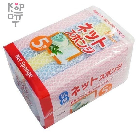 AJWA Губка для мытья посуды с покрытием-сеточкой 5 штук., купить с доставкой на дом фото 1 — Корейские товары для всей семьи(КорОпт)