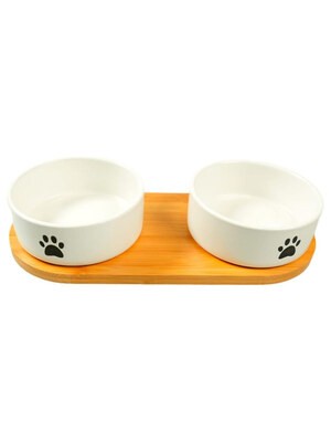 Mr.Kranch Bamboo Миска керамическая белая двойная на бамбуковой подставке, 2 × 350 мл