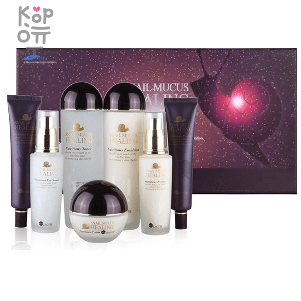 Bergamo Ellelhotse Snail Mucus Nutritious Skin Care 7pc - Бьюти-набор для комплексного ухода на основе Муцина Улитки., купить с доставкой на дом Система ухода с экстрактом улитки для интенсивной регенерации кожи лица, активно увлажняет, питает и разглаживает кожу, придает ей упругость и эластичность, устраняет существующие морщины и препятствует появлению новых. 