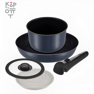 ​​​IH ​Набор HappyCall Freehands Spica IH 5P Set Midnight Blue 5 предметов - Кастрюля 18см, Сковорода 24см, стекляная крышка 18см, крышка 18см + съемная ручка — Корейские товары для всей семьи(КорОпт)