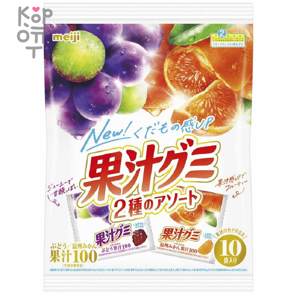 Meiji Gummy Food Fruit Mix - Мармелад ассорти 10 пакетиков желейных конфет  с фруктовым соком винограда и апельсина, 136гр. по цене 419 руб. в интернет  магазине Корейские товары для всей семьи(КорОпт)