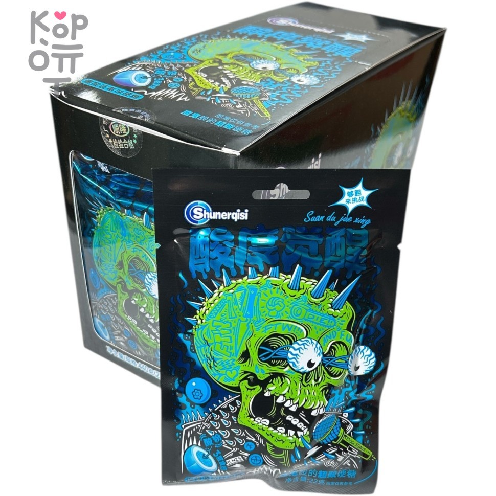 Кислая леденцовая карамель Shuner Candy - Жутко кислые конфеты Взрывной череп, со вкусом Голубики, купить с доставкой на дом фото 1 — Корейские товары для всей семьи(КорОпт)