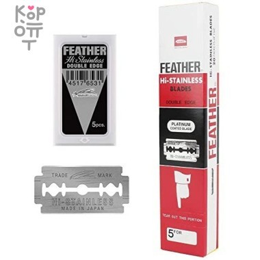 Feather Hi-Stainless Сменные двухсторонние лезвия 5 шт (20 шт/1 блок) &mdash; Корейские товары для всей семьи(КорОпт)