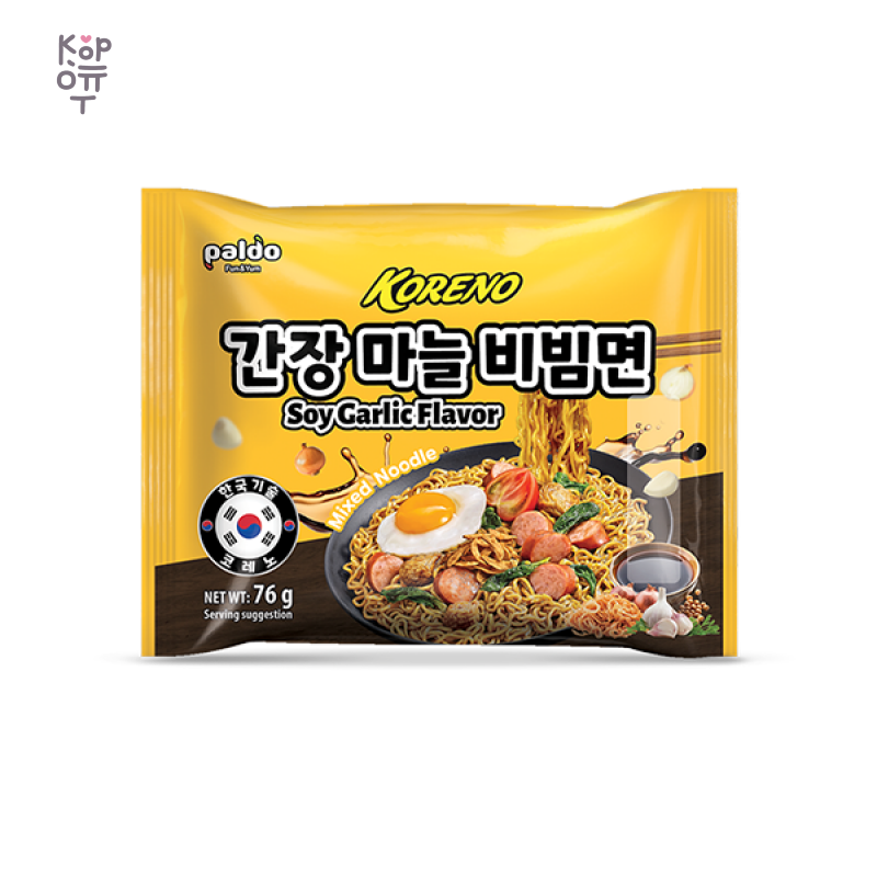 Paldo — Koreno Soy Garlic Bibim Men — Лапша со вкусом соевого соуса и чеснока, 76 г — коробка 40 шт
