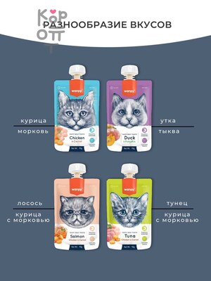 Wanpy Cat Лакомство для кошек Мясной мусс из курицы и моркови 90гр.