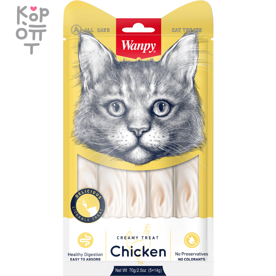 Лакомство Wanpy Cat «нежное пюре» из курицы, для кошек, 70гр.