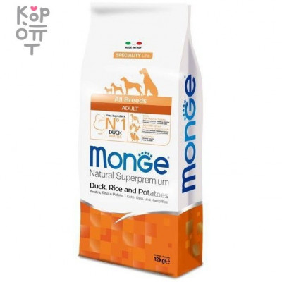 Monge Dog Speciality корм для собак всех пород утка с рисом и картофелем 12кг.