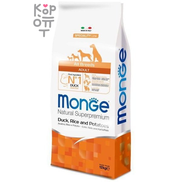 Monge Dog Speciality корм для собак всех пород утка с рисом и картофелем 12кг.
