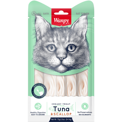 Лакомство Wanpy Cat «нежное пюре» из тунца и гребешка, для кошек, 70гр.
