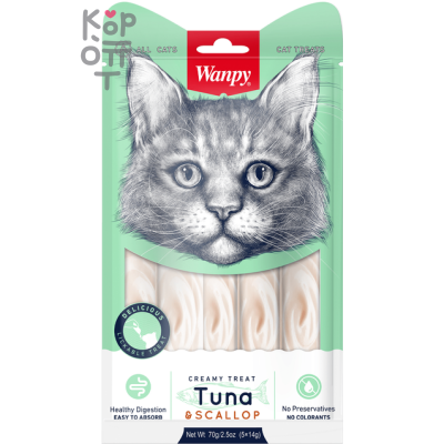Wanpy Cat Лакомство «нежное пюре» из тунца и гребешка, для кошек, 70 г