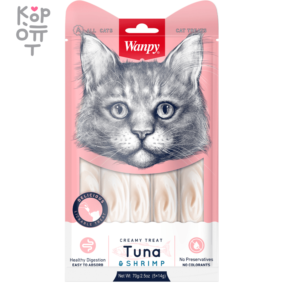 Лакомство Wanpy Cat «нежное пюре» из тунца и креветок, для кошек, 70гр.