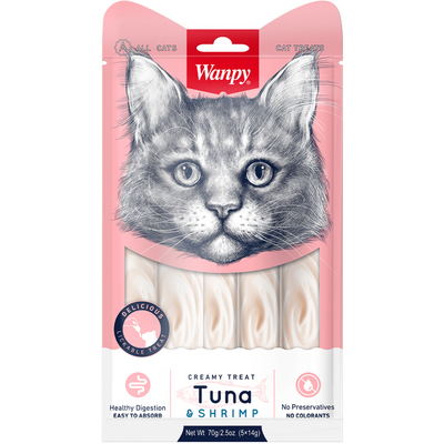 Лакомство Wanpy Cat «нежное пюре» из тунца и креветок, для кошек, 70гр.