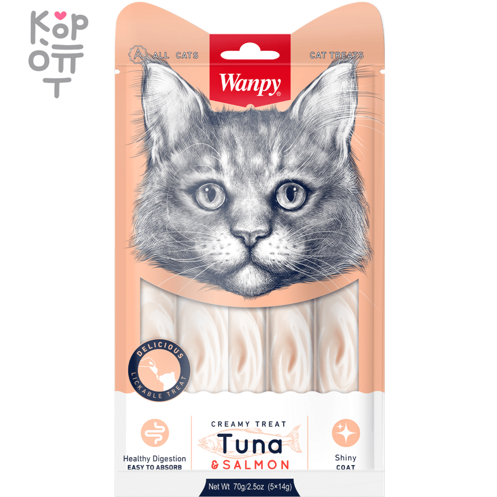 Лакомство Wanpy Cat «нежное пюре» из тунца и лосося, для кошек, 70гр.