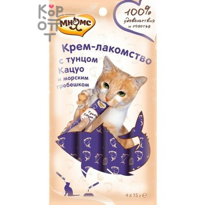 Мнямс Крем-лакомство для кошек с тунцом Кацуо и морским гребешком 15гр., Коробка 4шт.