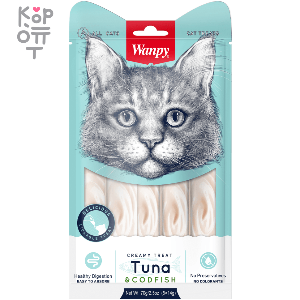 Лакомство Wanpy Cat «нежное пюре» из тунца и трески, для кошек, 70гр.