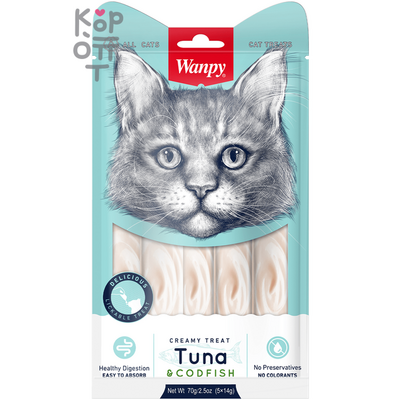 Лакомство Wanpy Cat «нежное пюре» из тунца и трески, для кошек, 70гр.